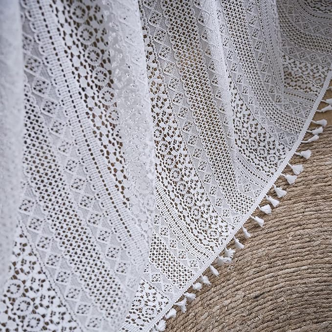 Sutuo Home White Crochet Boho Curtain 96 Inches Long, Sheer Lace Handmade - Image 5