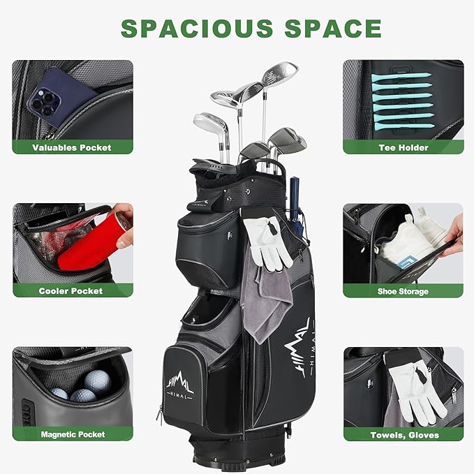 14-Way Golf Cart Bag with Full Length Divider, Premium PU Leather Golf Bag with Plush Top, Magnetic Pocket and Rain Cover for Men