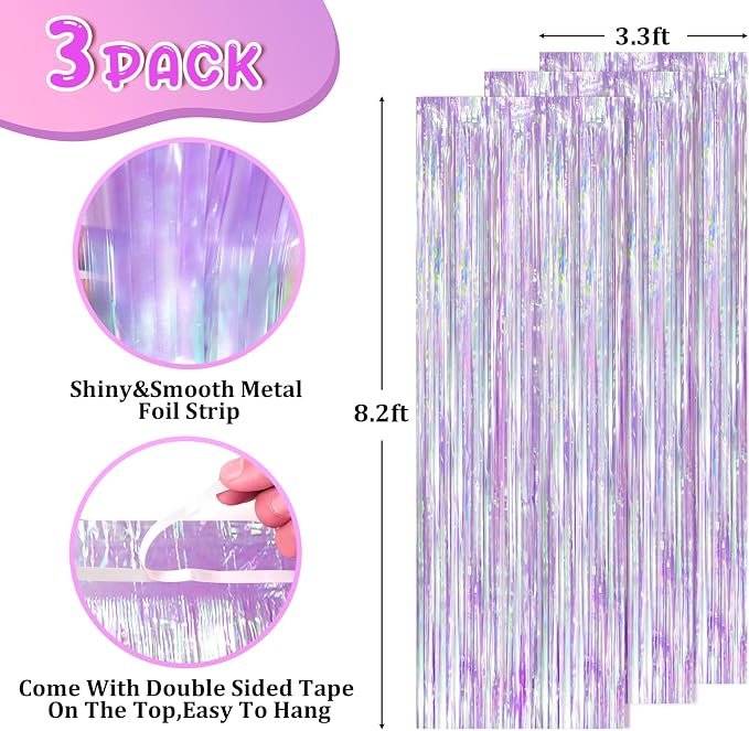 Voircoloria Iridescent Purple Fringe Backdrop Curtains, 3 Pack | Tinsel - Image 2