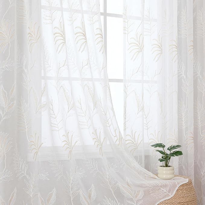 White Sheer Curtains Beige Embroidered Leaf 2 Panels 63 Inches | Light by VISIONTEX