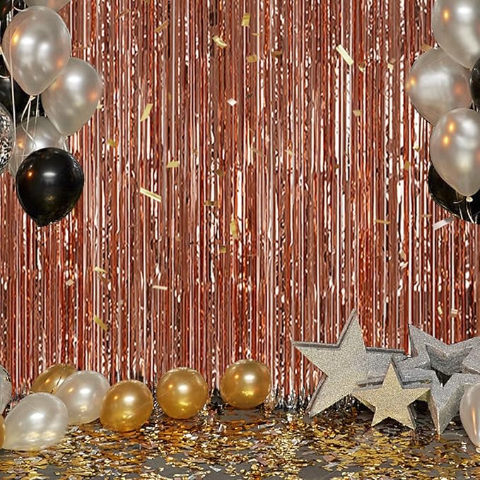 3 Pack Foil Fringe Backdrop - Rose Gold Shiny Tinsel Curtains for Party Decoration/Photo Booth Props - 3.3x8.2 FT Metallic Foil Backdrop for Birthday, Wedding, Graduation, Christmas.