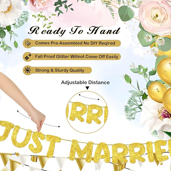Pre Strung Just Married Banner Glitter Wedding Party Banner No DIY Just Married - Image 2