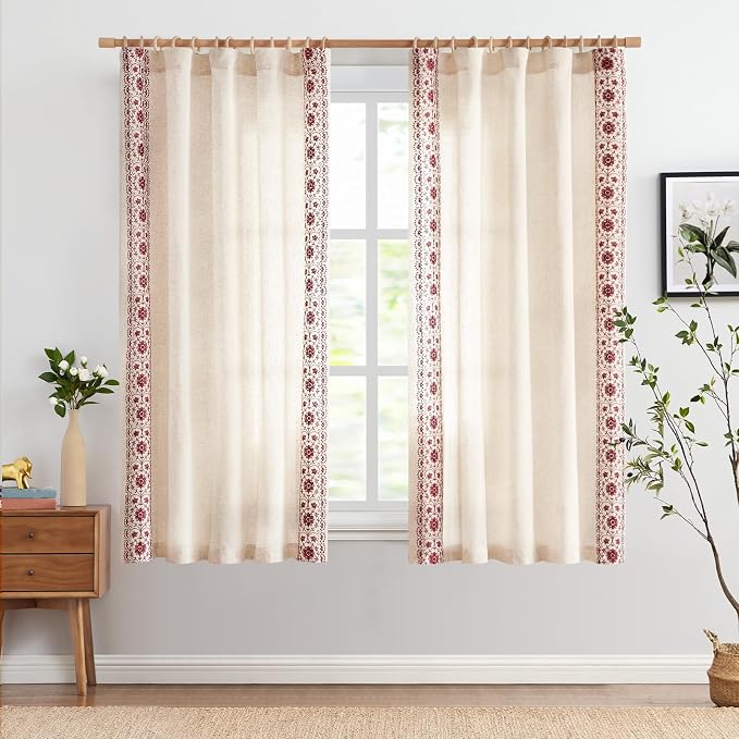 jinchan Floral Linen Curtains Embroidered Back Tab 50x63in 2 Panels Red | Light - Image 3
