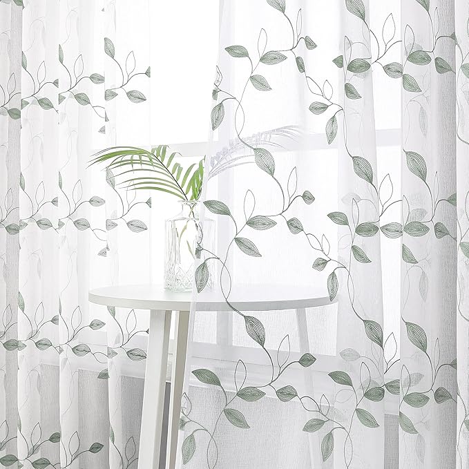 Tollpiz Sage Green Leaf Sheer Curtain Living Room Short 54 x 54 Inches | Leaves - Image 2