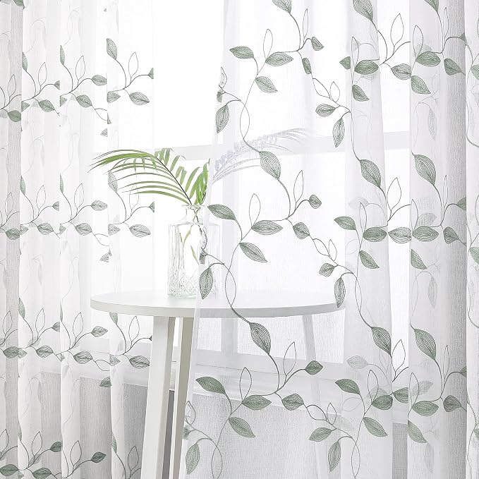 Tollpiz Sage Green Leaf Sheer Tier Curtains Leaves Embroidered Kitchen Short - Image 2