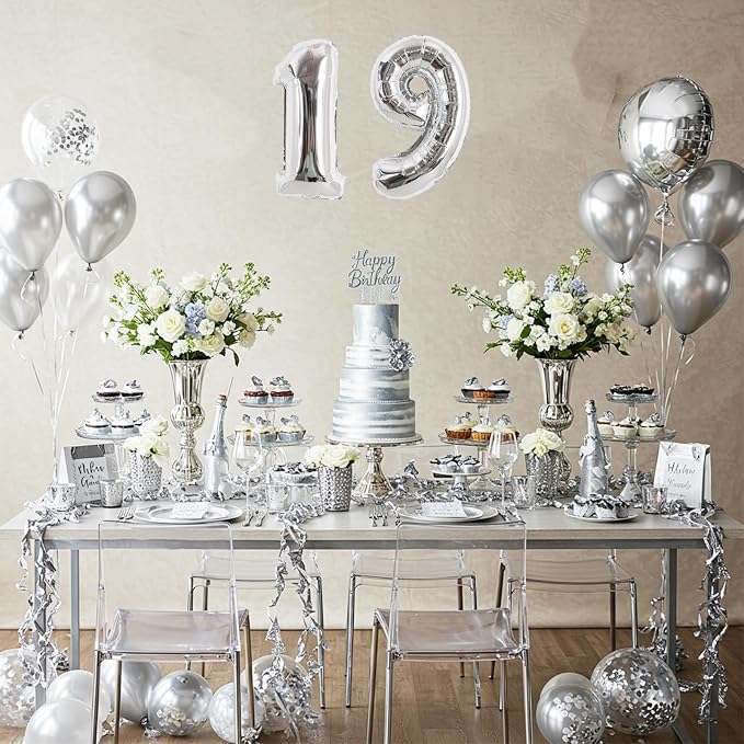 TONIFUL 16 Inch 10 Pcs Fat Silver 0-9 Birthday Number Balloons | Small Custom - Image 5