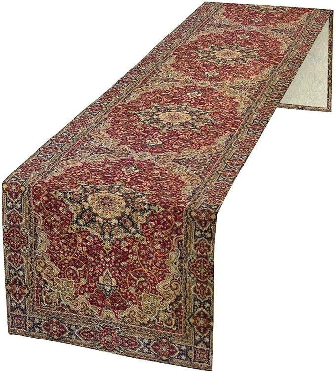 Vintage Boho Floral Table Runner, Rustic Country Farmhouse Red Gold Bohemia Flower Pattern for Home Kitchen Table Decor Dining Coffee Room Party Decor 13x108in