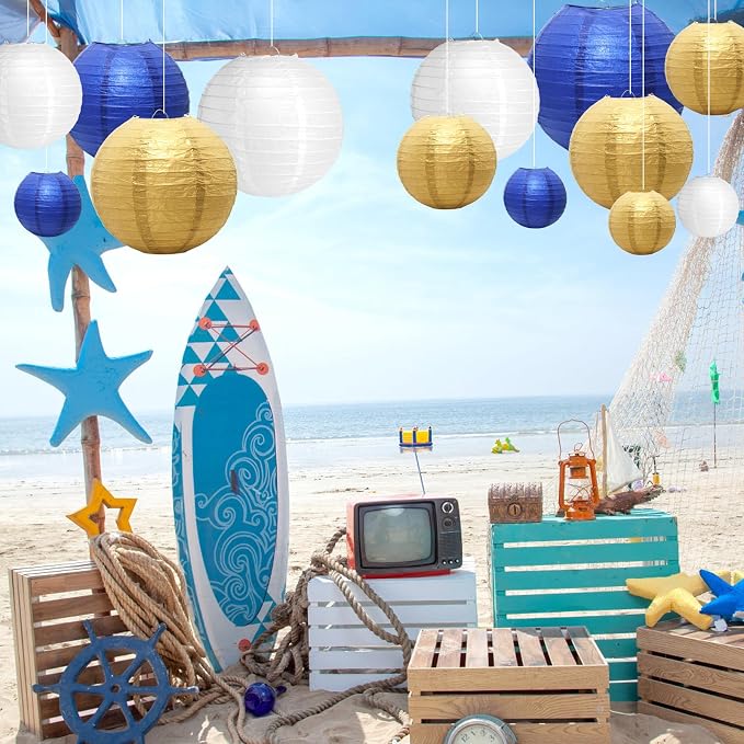 21Pcs Blue Paper Lanterns, 4-10in Hanging Decor - Image 4