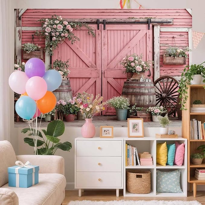 7x5ft Country Wedding Pink Photography Backdrop Rustic Wooden Barn Door Photography Backdrop Farmhouse Flower Western Girl Birthday Baby Shower Wedding Bridal Party Banner Photo Booth Props Background
