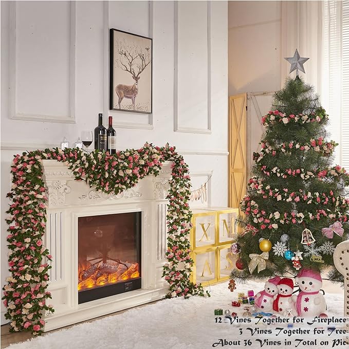 6 Pcs x 8.2 ft Flower Garland Artificial Rose Vine Flowers with Green Leaves Hanging Fake Roses Vine for Room Party Home Wedding Birthday Christmas Wall Arch Decor, Champagne Flower