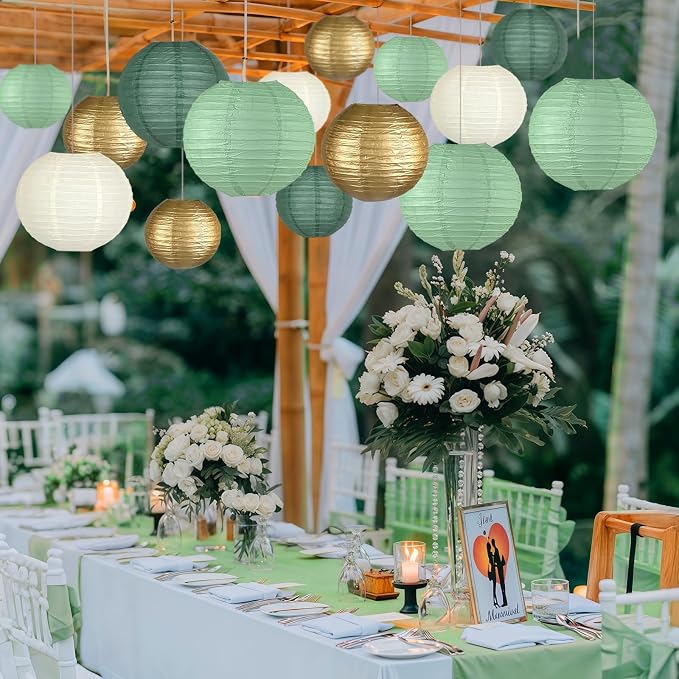 15-Pack Sage Green Gold Paper Lanterns Party Decorations | Assorted 6, 8 & - Image 5