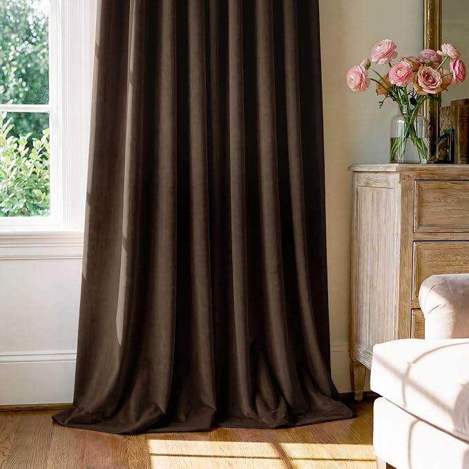 Brown Velvet Curtains Blackout for Living Room, W52 x L96, 2 Panels | 300GSM - Image 7