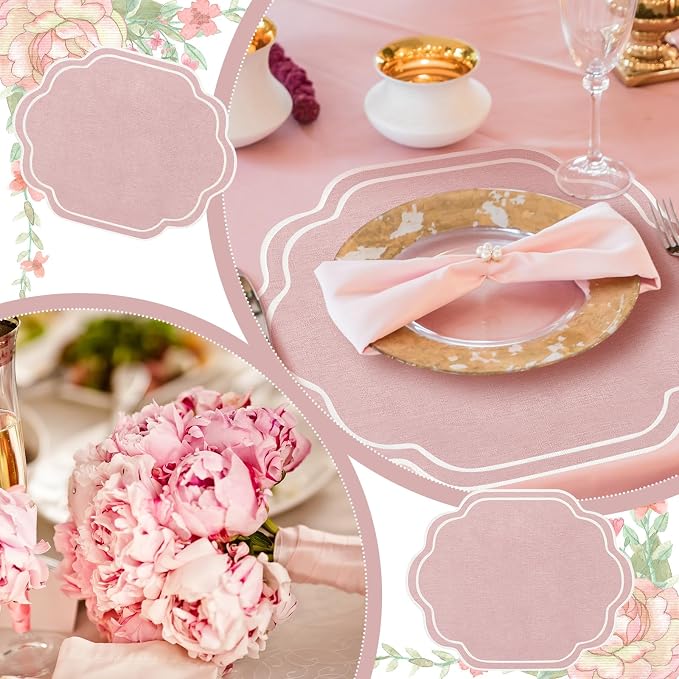 6 Pcs Pink Wedding Placemats Scalloped Embroidered Cotton Linen Placemats 17" x - Image 5