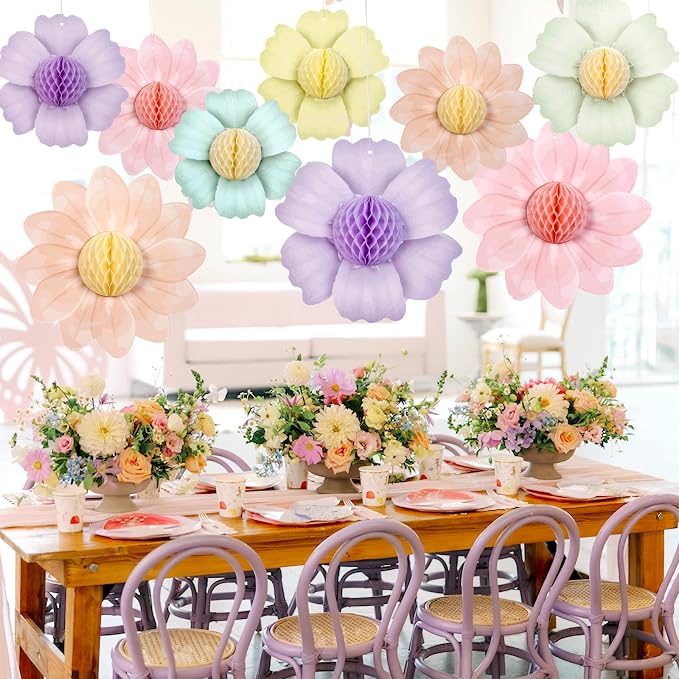 SUNBEAUTY 9 PCS Pastel Flower Party Decorations Flowers Honeycomb Fairy - Image 2
