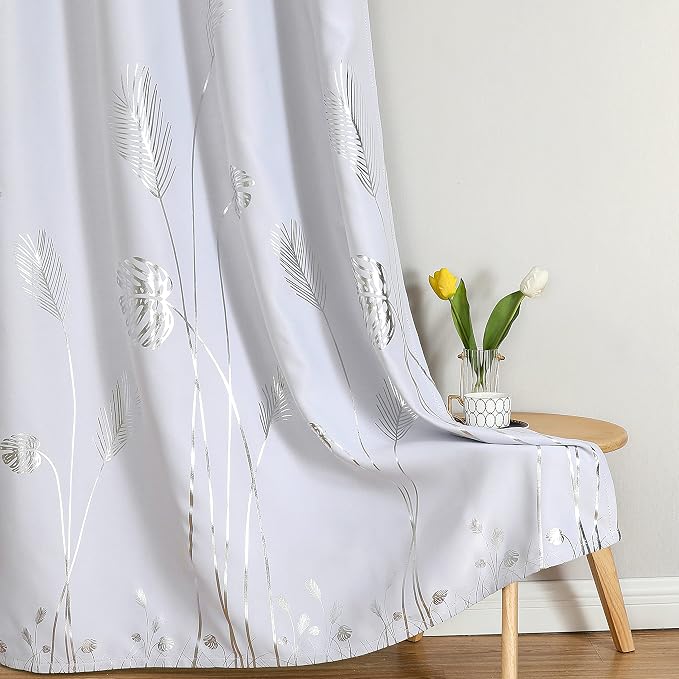 Greyish White 108 Inches Long Silver Palm Window Curtain Panels Room Darkening - Image 7