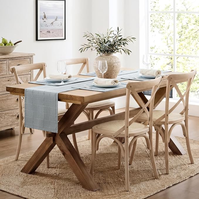 Linen Checked Farmhouse Table Runner, 13x90 Inches Chambray | Raised Grid Design - Image 3
