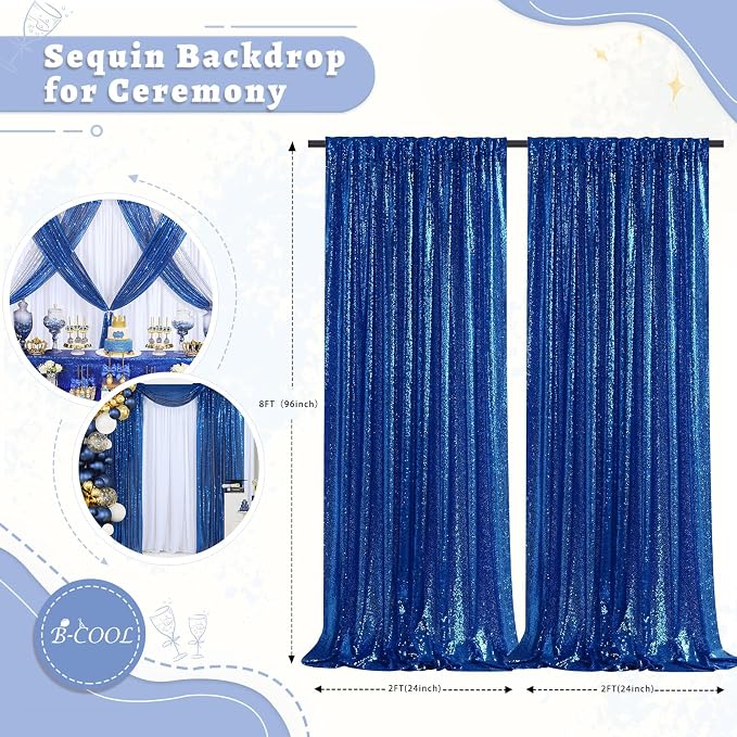 Royal Blue Sequin Backdrop Curtains Party Glitter Drapes 2 Pcs 2FTx8FT | - Image 5