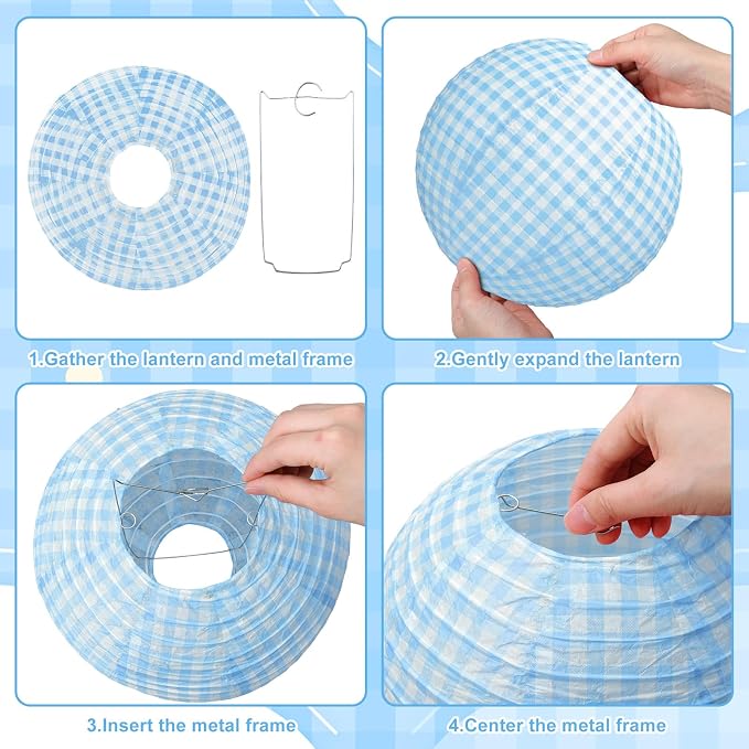 Honoson 12 Pcs Blue Gingham Paper Lanterns 10 Inch White and Blue Checkered - Image 5