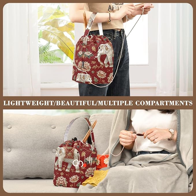 Red Floral Retro Elephants Yarn Bag Small Crochet Bag Drawstring Yarn Storage - Image 5