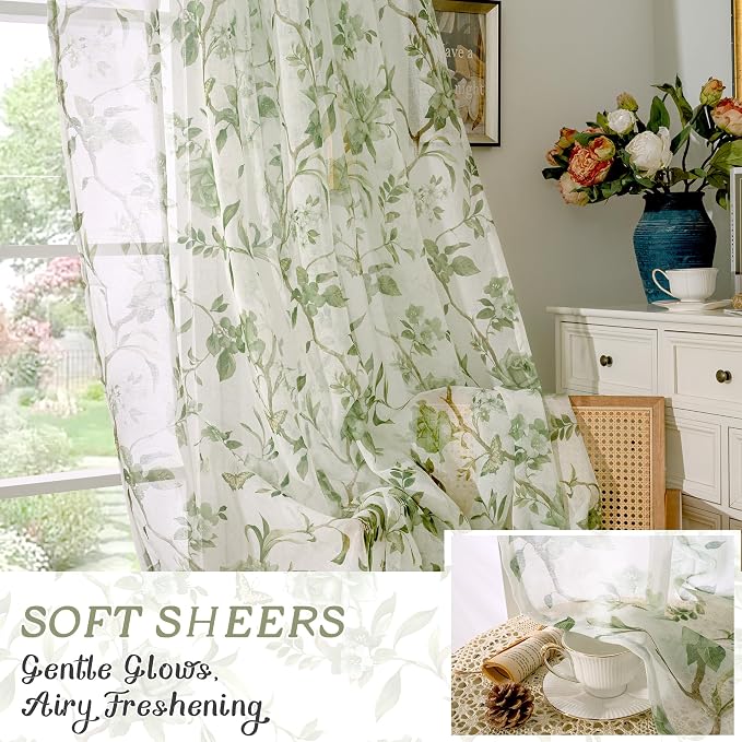 Sage Sheer Curtains 54 Inch Length 2 Panels Set Sheer, Leaf Patterned Linen - Image 6