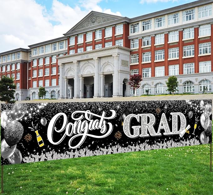 2026 Graduation Decorations-Black and Silver Congrats Grad Yard Sign Banner - Image 3