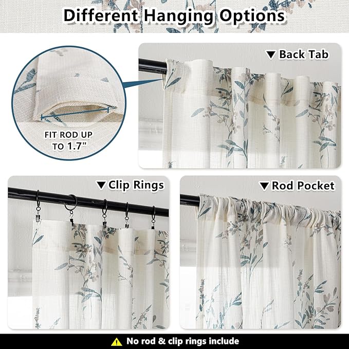 MYSKY HOME Flax Linen Sheer Curtains 45 Inch Length Floral Decorative Window - Image 3