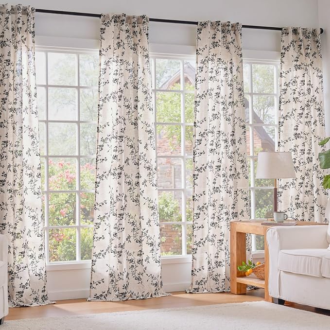 Black Vintage Floral Linen Curtains Farmhouse 38W X 90L 2 Panels | Elisa Series - Image 6