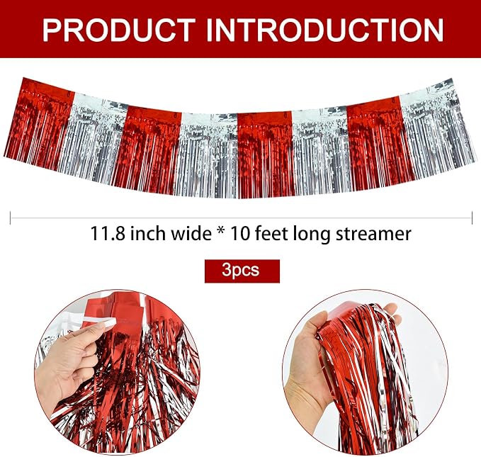 BEISHIDA Red Silver Fringe Garland Banner 30ft Wall Tinsel Foil Streamers | - Image 2