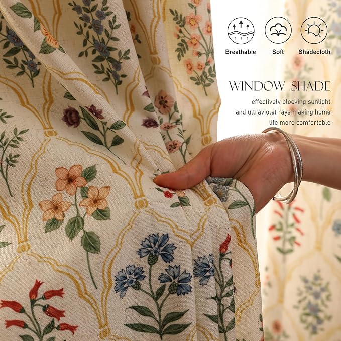 Designer Vintage Linen Printed Curtain, 2 Panels, Colorful Floral Pattern Decor - Image 3
