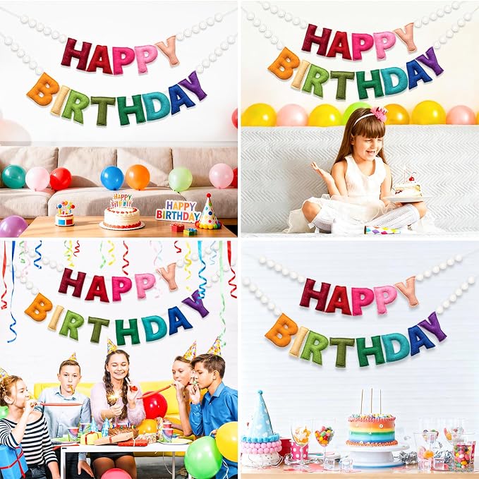 2Pcs Pre-Strung 3D Soft Wool Felt Happy Birthday Banner, Felt Ball Garland | - Image 5