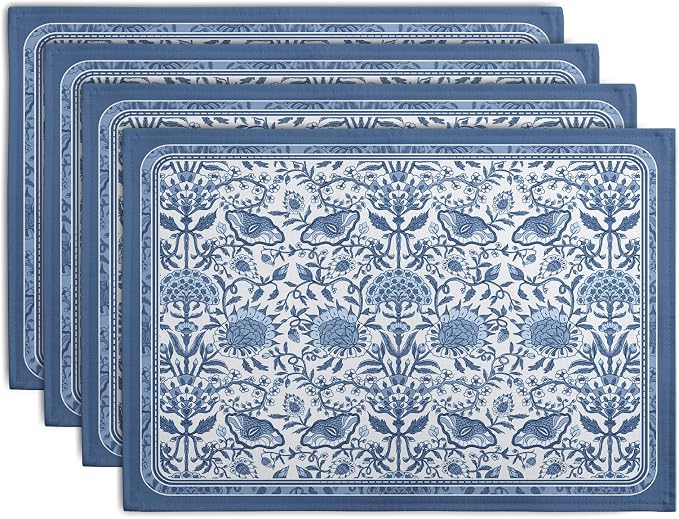 Blue Floral Boho Placemats Set of 4, 12x18 Inch Vintage Chinoiserie Block Print by Wnoesat