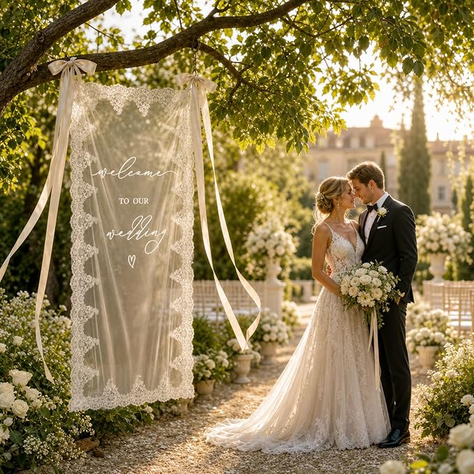 180x70cm Large Wedding Welcome Sheer Tulle Banner Sign - Image 3