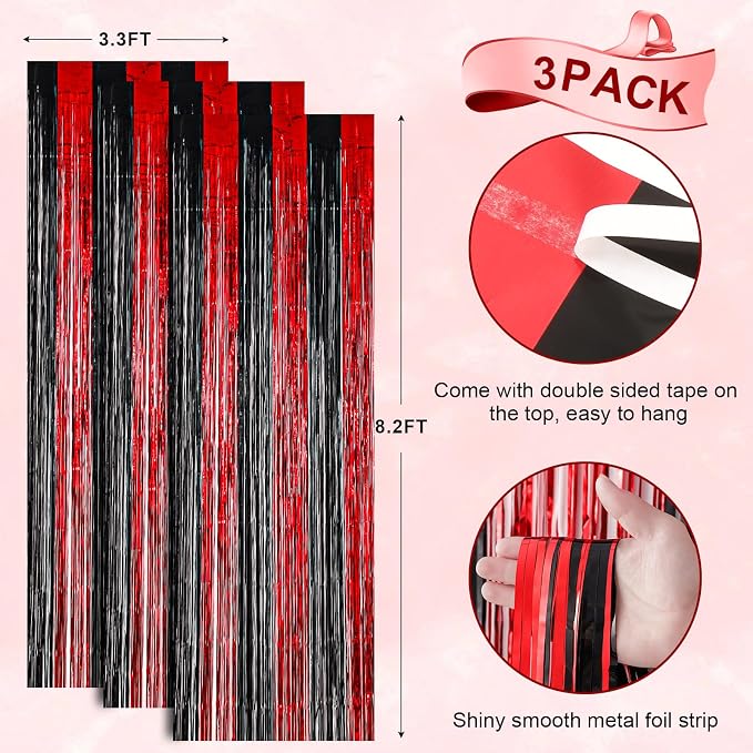 Voircoloria Red and Black Foil Fringe Backdrop Curtains, 3 Pack | Tinsel - Image 3