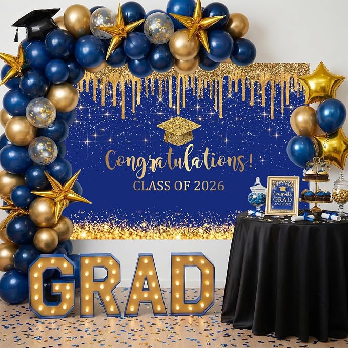 Mocsicka Blue and Gold Graduation Backdrop Congratulations Class of 2026 - Image 2