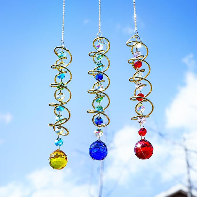 20.5in Yellow Crystal Gazing Ball Spiral Wind Spinner Suncatcher Decor | Yellow - Image 9