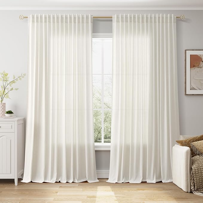 Cream Large Window Curtains Light Filtering Semi Sheer Privacy Linen Textured by Nanspring