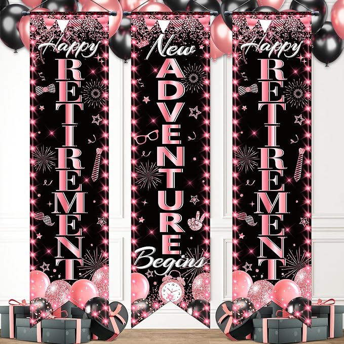 3Pcs Retirement Porch Sign Door Hanging Banner Rose Gold Happy Retirement by TagreSpike