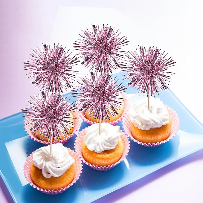 40 PCS Foil Firework Cupcake Toppers Sparkle Tinsel Cupcakae Picks Sparkler - Image 5