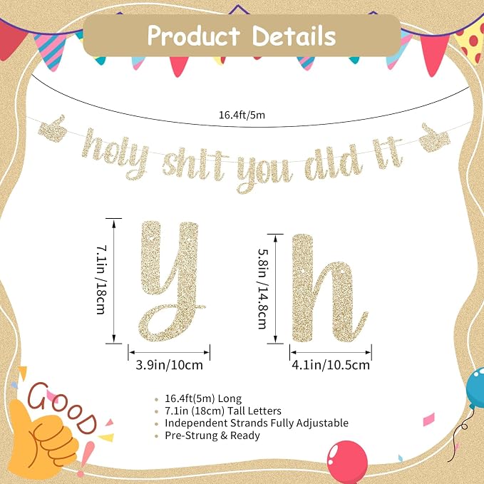 Funny Grad Banner Holy Shit You Did It Banner – Pre-Strung Glitter Graduation - Image 2
