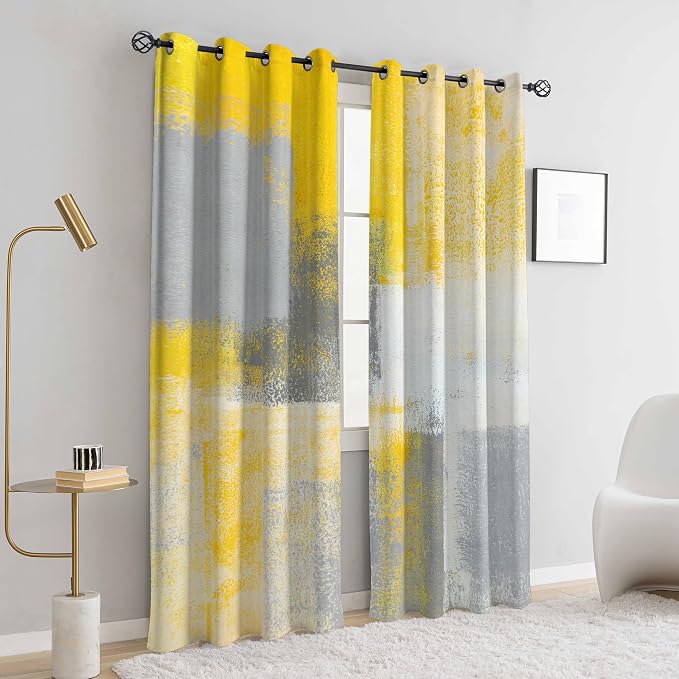 Yellow Window Curtain Yellow Grey Abstract Thermal Insulating Drapes Rust Art - Image 4