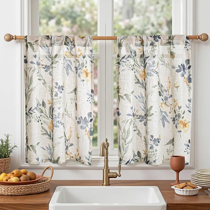 MYSKY HOME Floral Kitchen Curtains 30 Inch Length Linen Tier Curtains Farmhouse by MYSKYHOME