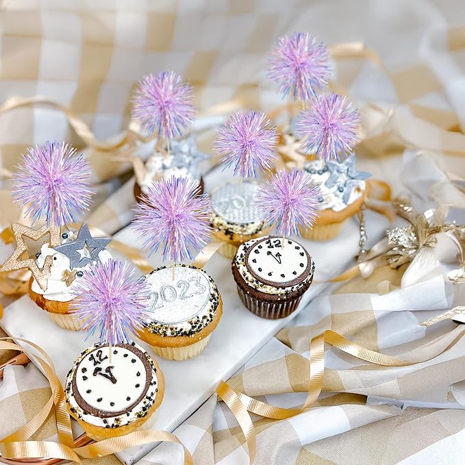 Gyufise 30Pcs Foil Firework Cupcake Toppers Sparkle Tinsel Cake Toppers Tinsel - Image 7