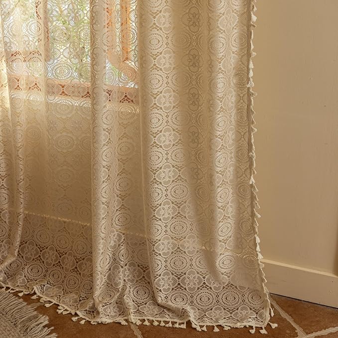 YJ YANJUN Boho Lace Curtains 96 inches Long 2 Panels- Vintage Floral Crochet - Image 4