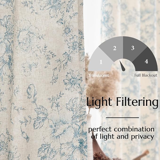 jinchan Blue Floral Linen Curtains Lined 84 Inch Vintage Back Tab 2 Panels | - Image 4