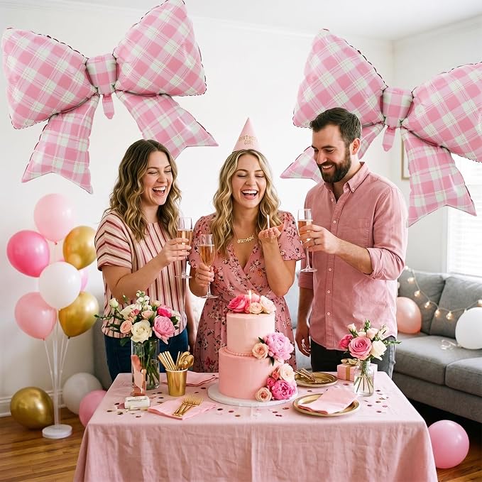 38 Inches Bow Balloon Checkered Pink - Image 4
