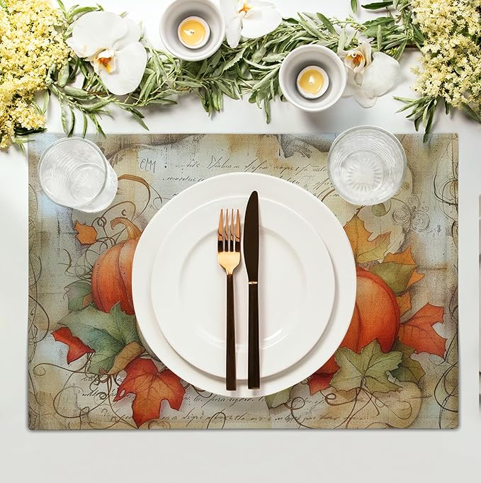 Fall Pumpkin Maple Leaf Placemats Set of 4, 12x18 Inch Vintage Autumn Harvest - Image 3