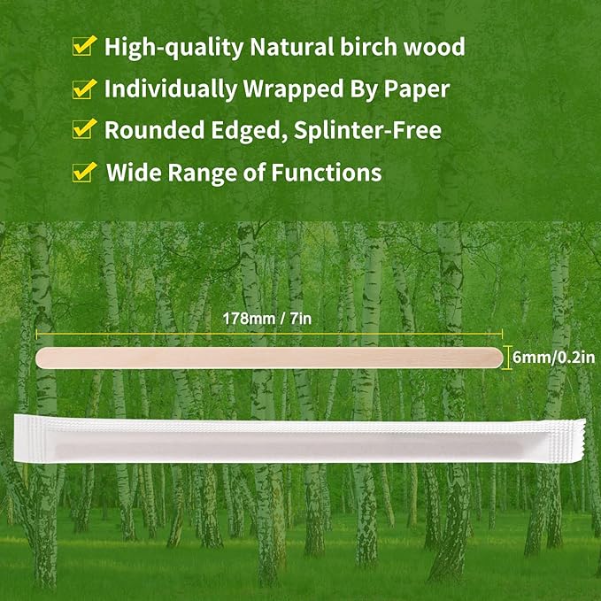 200pcs Individually Wrapped Coffee Stirrers Wood - 7" Coffee Stir Sticks, Round End Disposable coffee stirrer, For Coffee, Cocktail and Hot Drinks
