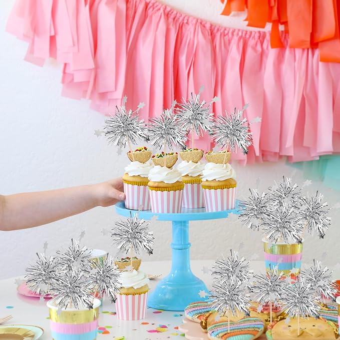 30 PCS Foil Firework Cupcake Toppers Star Cupcake Picks Sparkle Tinsel Flower - Image 6