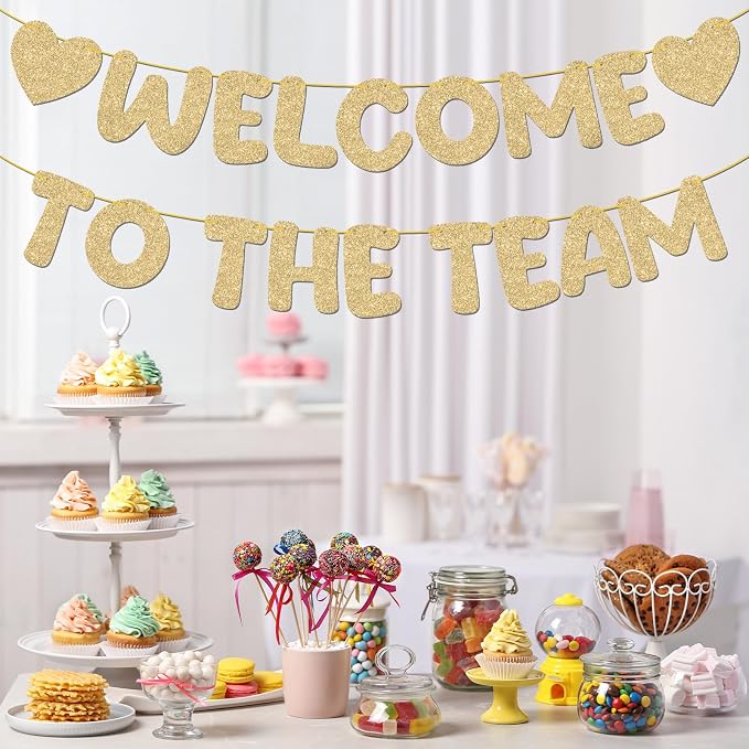 BLMHTWO Pre-Strung Welcome to The Team Banner, Champagne Gold Glitter Office - Image 5