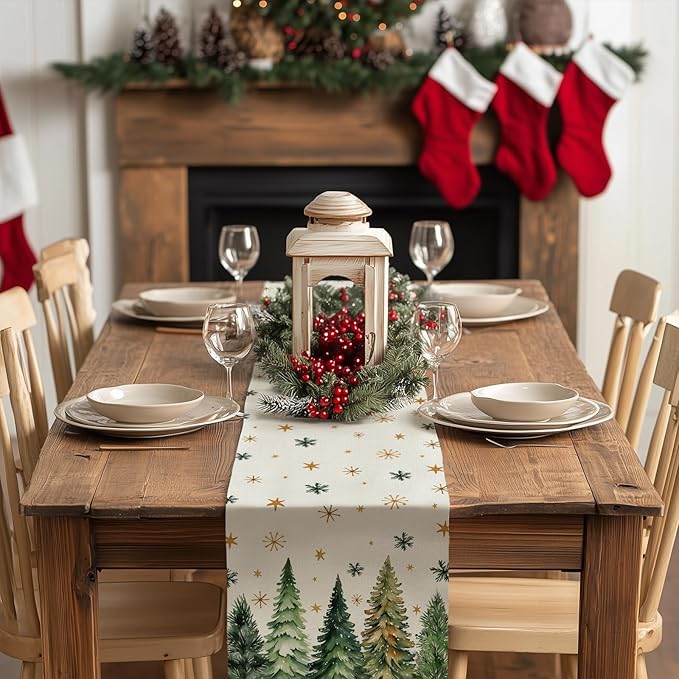 GEEORY Christmas Table Runner 13x120 Inch, Xmas Tees Snowflakes Holiday Decorative Farmhouse Table Decoration for Kitchen Dinning, Indoor Outdoor Dinner Party Decor (Light Green) GT166-120